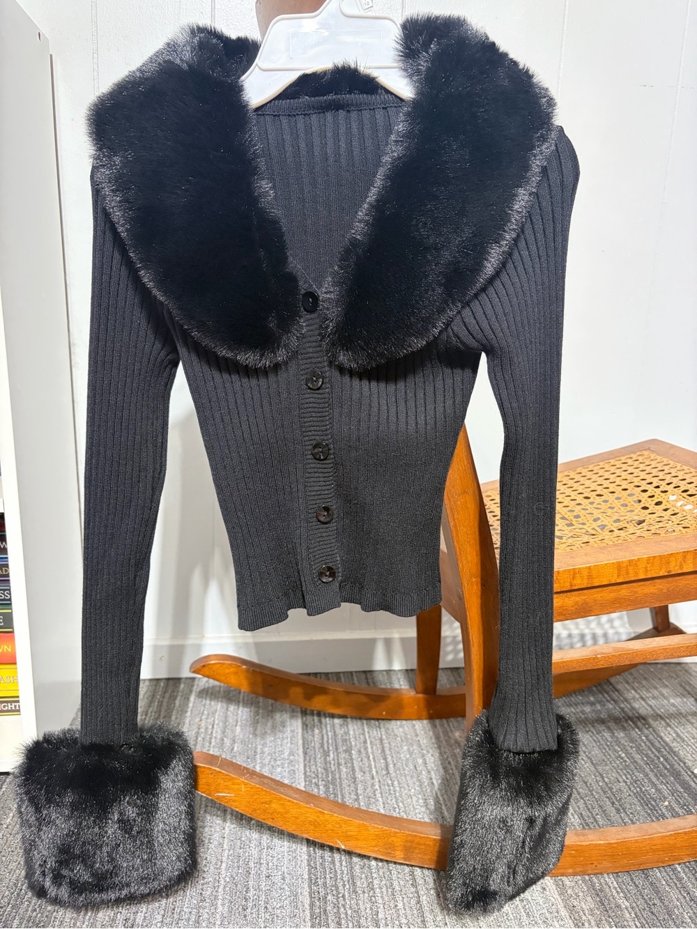 SHEIN Black Ribbed Button Cardigan with Faux Fur Collar & Cuff Trim